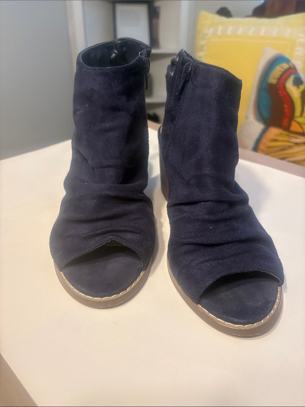 Women’s Navy Suede Open-Toe Ankle Booties